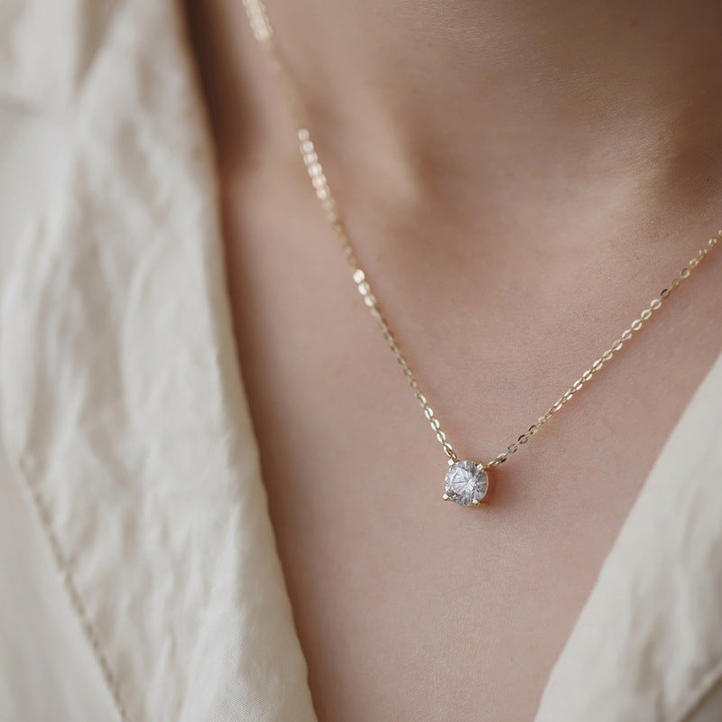 925 Sterling Silver Necklace 14K Gold Plated 1 Karat Four-claw Single Diamond Super Shiny Elegant Japanese And Korean Light Luxury Clavicle Chain Necklace
