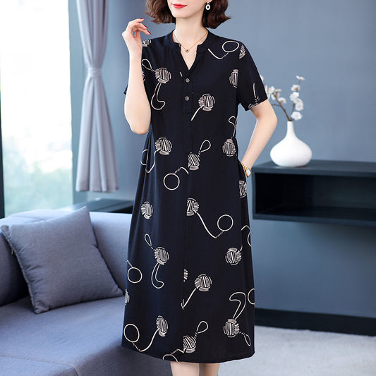 Middle-aged And Old-aged Cotton Silk Dress Vintage Floral Short-sleeved Celebrity Elegant Loose Belly-covering Slimming Mother Large Size Women's Clothing