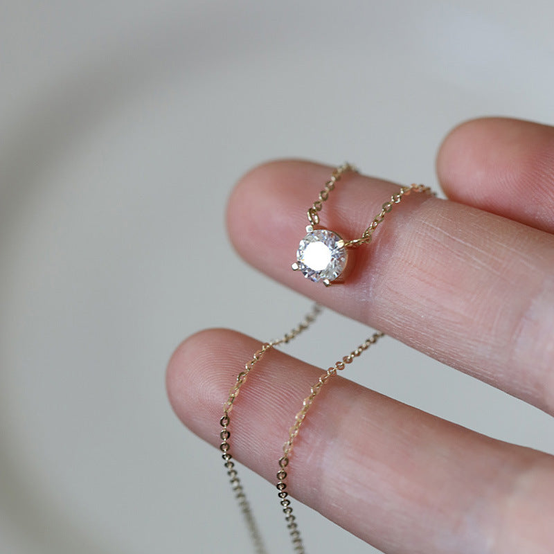 925 Sterling Silver Necklace 14K Gold Plated 1 Karat Four-claw Single Diamond Super Shiny Elegant Japanese And Korean Light Luxury Clavicle Chain Necklace
