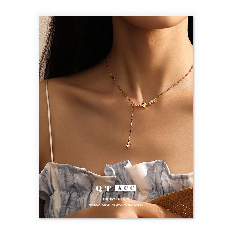 Brass Plated 18K Real Gold Ins French Retro Elegant Elegant Zircon Inlaid Star Pendant Tassel Necklace Women