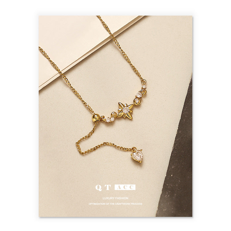 Brass Plated 18K Real Gold Ins French Retro Elegant Elegant Zircon Inlaid Star Pendant Tassel Necklace Women