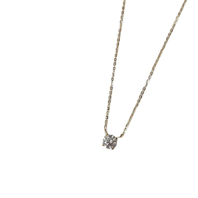 925 Sterling Silver Necklace 14K Gold Plated 1 Karat Four-claw Single Diamond Super Shiny Elegant Japanese And Korean Light Luxury Clavicle Chain Necklace