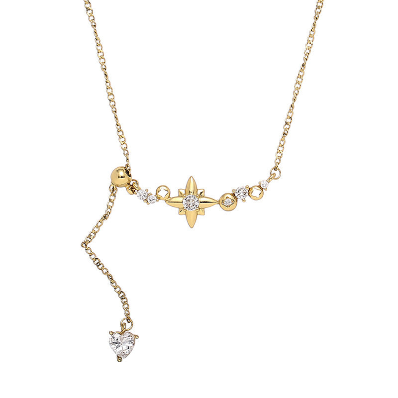 Brass Plated 18K Real Gold Ins French Retro Elegant Elegant Zircon Inlaid Star Pendant Tassel Necklace Women