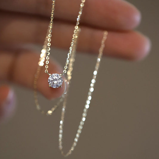 925 Sterling Silver Necklace 14K Gold Plated 1 Karat Four-claw Single Diamond Super Shiny Elegant Japanese And Korean Light Luxury Clavicle Chain Necklace