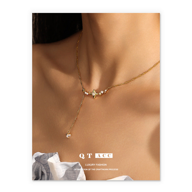 Brass Plated 18K Real Gold Ins French Retro Elegant Elegant Zircon Inlaid Star Pendant Tassel Necklace Women