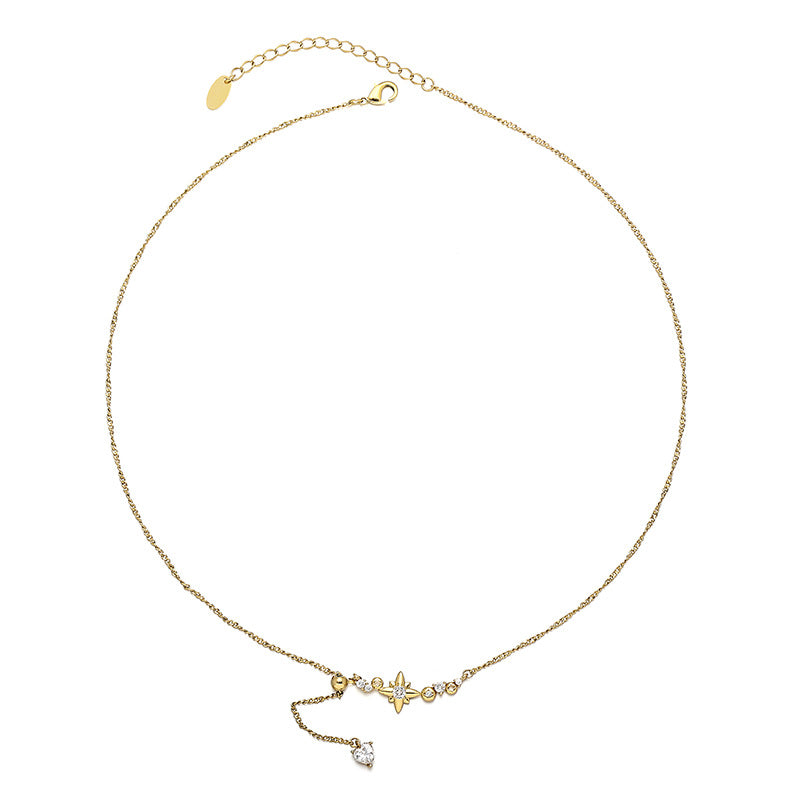 Brass Plated 18K Real Gold Ins French Retro Elegant Elegant Zircon Inlaid Star Pendant Tassel Necklace Women