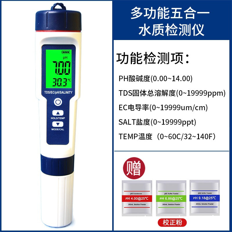 Five-in-one Water Quality Detector 9909 Multi-function Pen Ph Acid Meter Salinity Meter Tds Water Quality Detection Pen