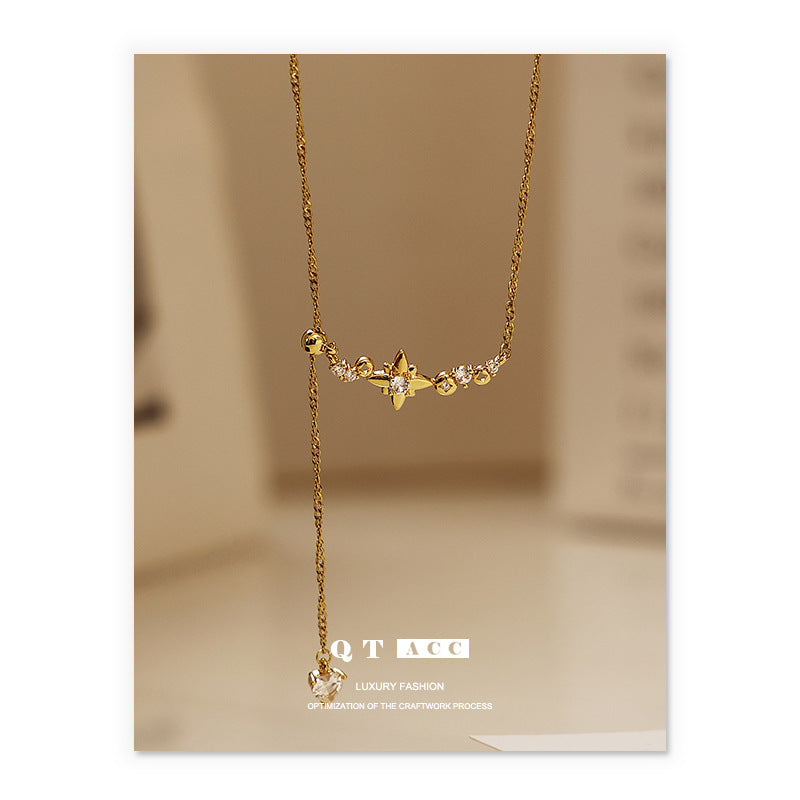 Brass Plated 18K Real Gold Ins French Retro Elegant Elegant Zircon Inlaid Star Pendant Tassel Necklace Women