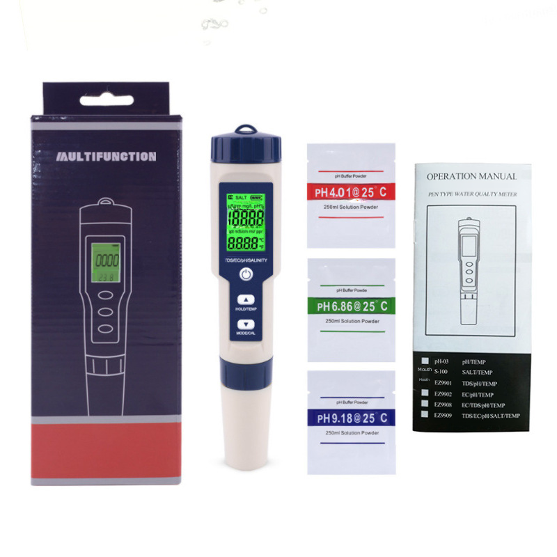 Five-in-one Water Quality Detector 9909 Multi-function Pen Ph Acid Meter Salinity Meter Tds Water Quality Detection Pen